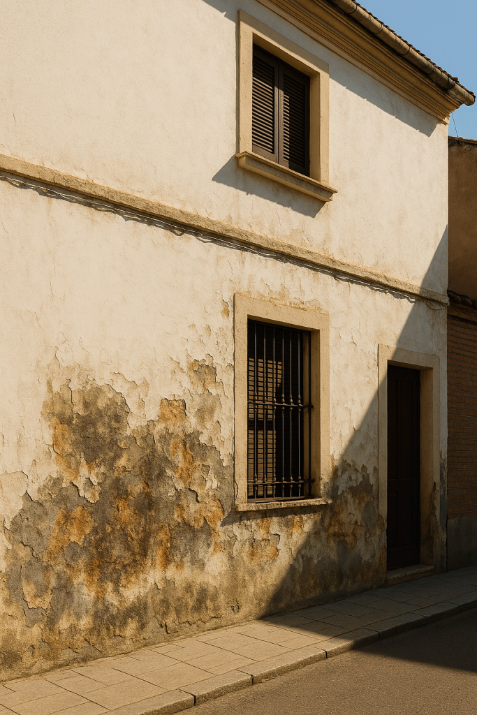 La foto muestra una fachada en Ciudad Real con humedades por capilaridad